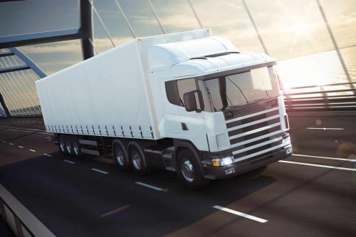3D Rendering white truck on a sea bridge
